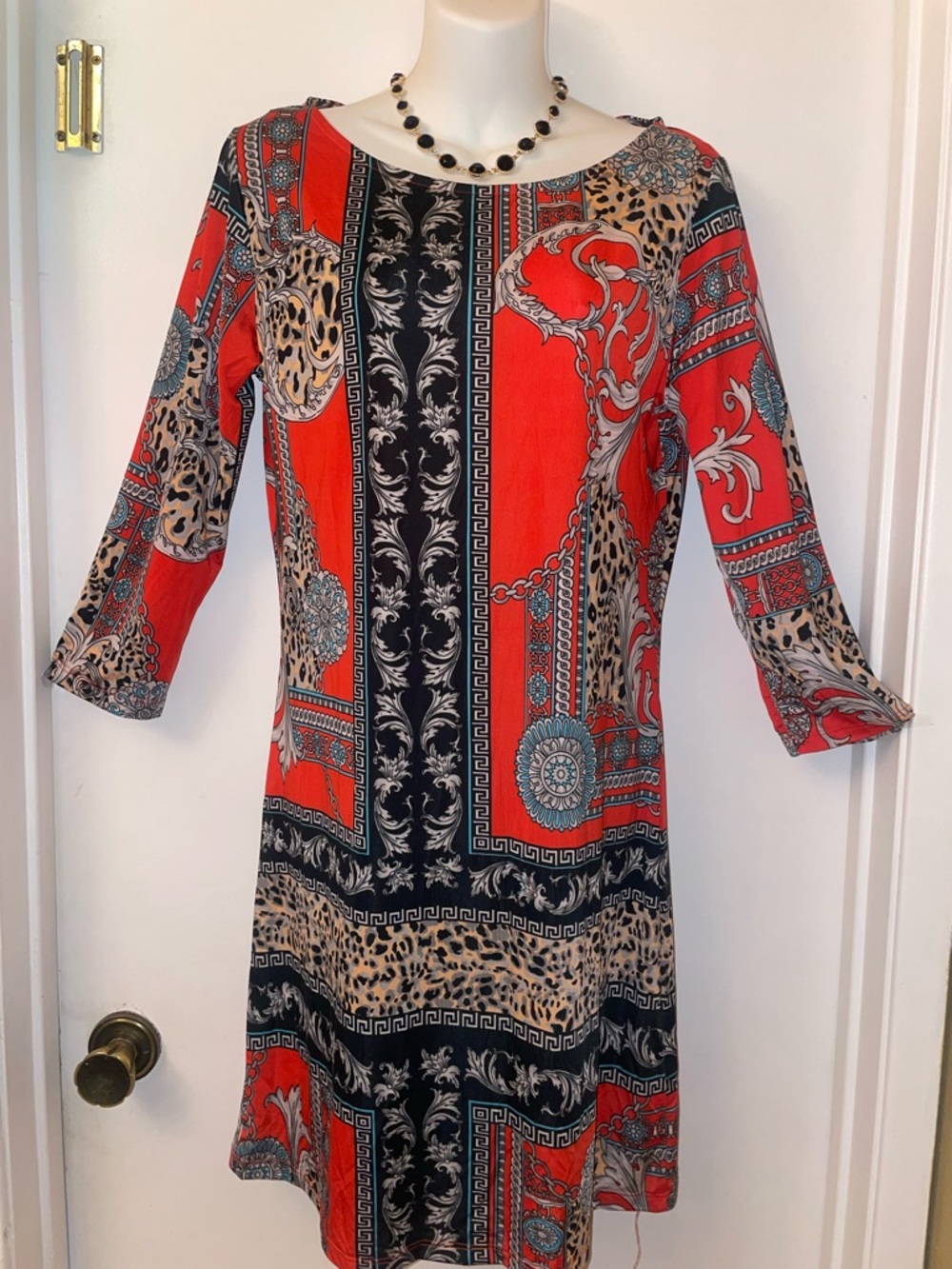 Red Printed Long-Sleeve Shift Dress with Mixed Motif Panels